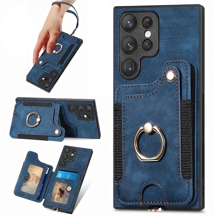 D4 Per Samsung Galaxy S22 Ultra 5G Custodia RFID Blocking Card Holder Stile Retrò - Blu