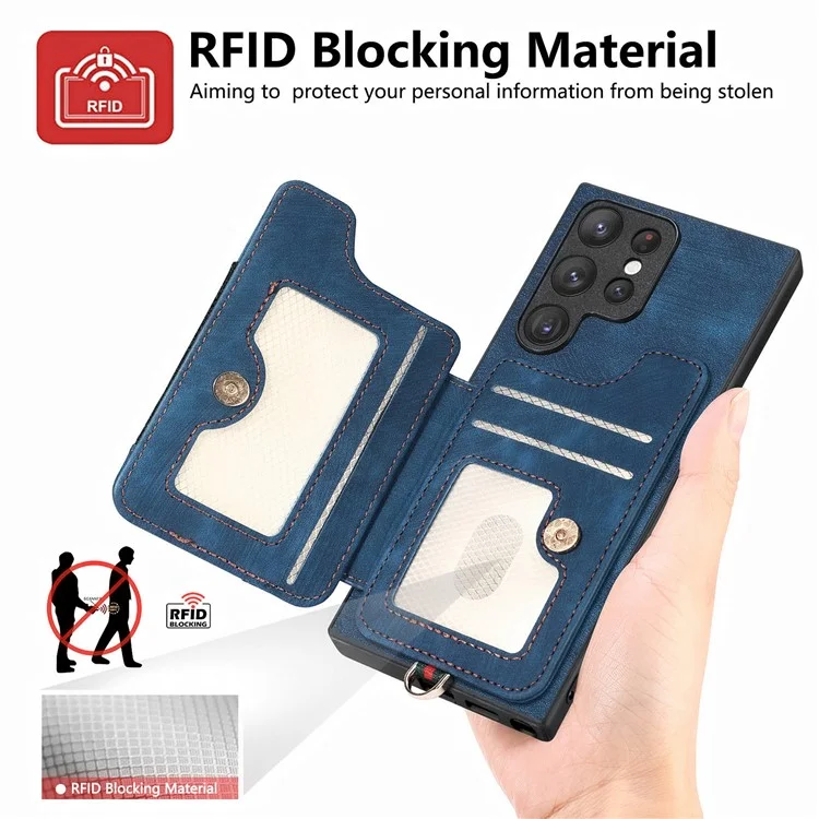 D4 Per Samsung Galaxy S22 Ultra 5G Custodia RFID Blocking Card Holder Stile Retrò - Blu