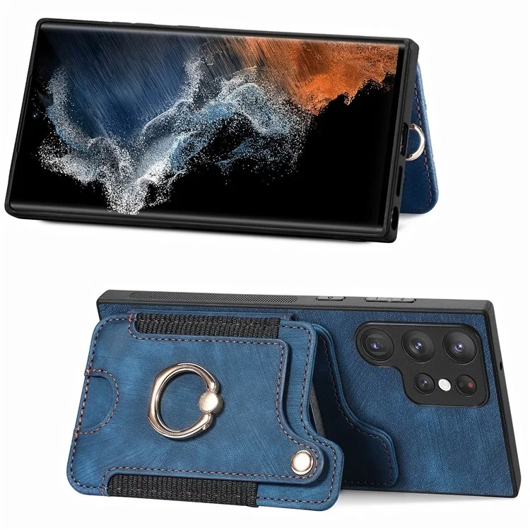 D4 Per Samsung Galaxy S22 Ultra 5G Custodia RFID Blocking Card Holder Stile Retrò - Blu