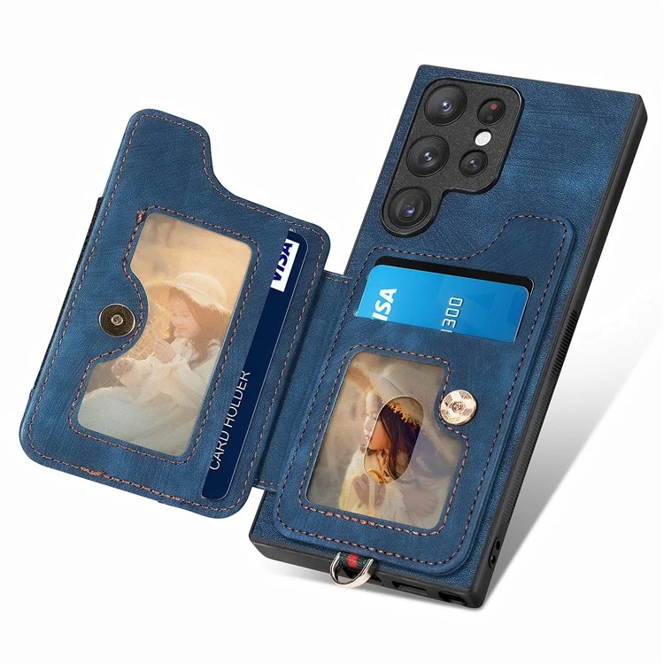 D4 Per Samsung Galaxy S22 Ultra 5G Custodia RFID Blocking Card Holder Stile Retrò - Blu