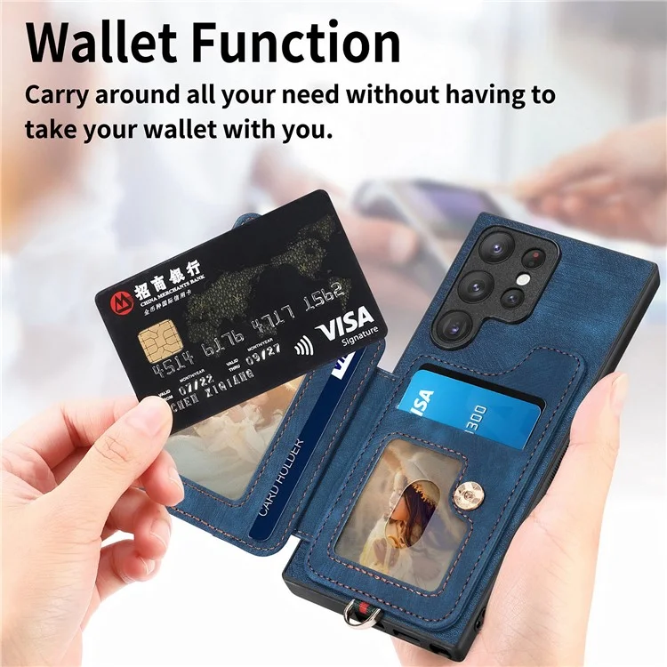 D4 Per Samsung Galaxy S22 Ultra 5G Custodia RFID Blocking Card Holder Stile Retrò - Blu