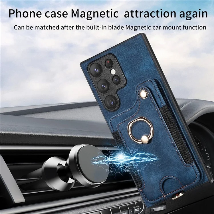 D4 Per Samsung Galaxy S22 Ultra 5G Custodia RFID Blocking Card Holder Stile Retrò - Blu