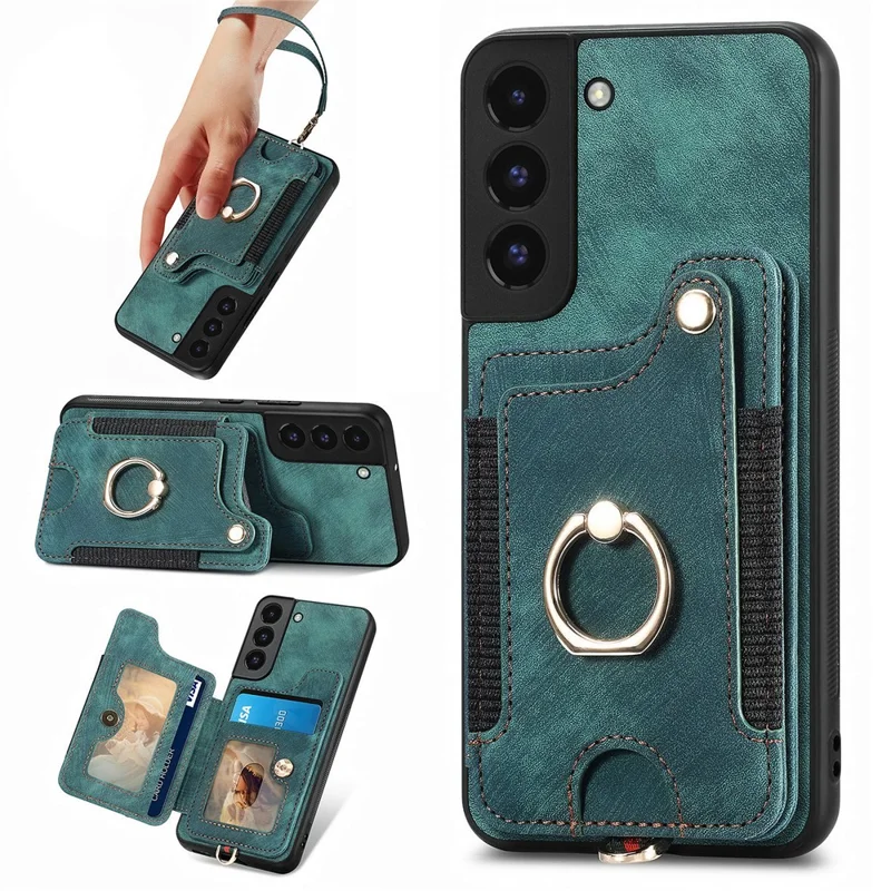 D4 For Samsung Galaxy S22 5G Case Kickstand RFID Blocking Phone Cover with Wrist Strap - Green