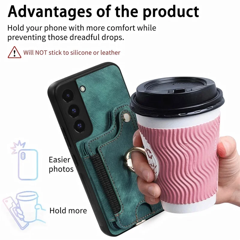 D4 For Samsung Galaxy S22 5G Case Kickstand RFID Blocking Phone Cover with Wrist Strap - Green