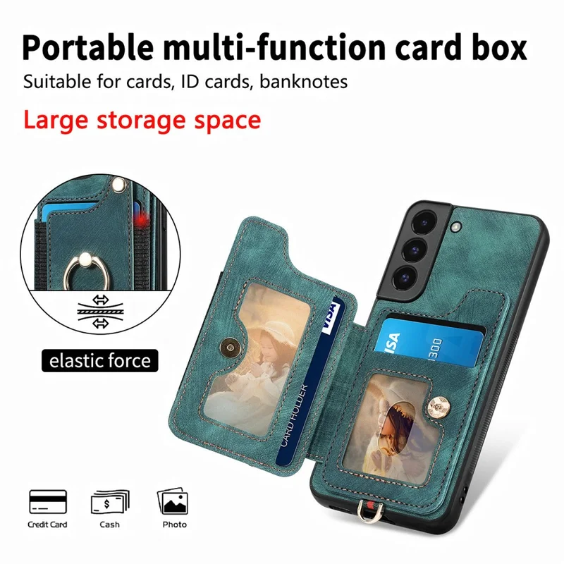 D4 For Samsung Galaxy S22 5G Case Kickstand RFID Blocking Phone Cover with Wrist Strap - Green