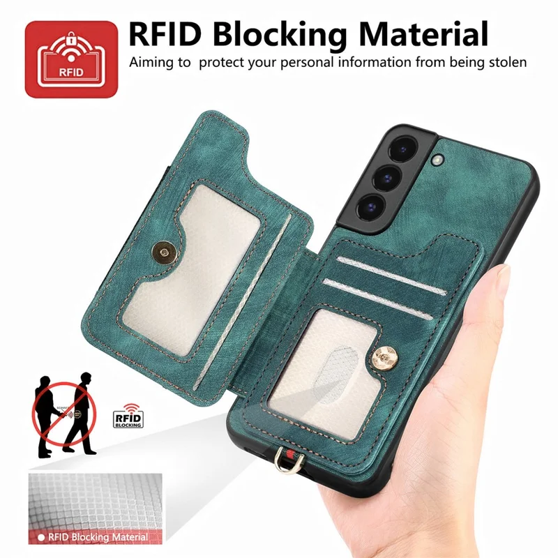 D4 For Samsung Galaxy S22 5G Case Kickstand RFID Blocking Phone Cover with Wrist Strap - Green