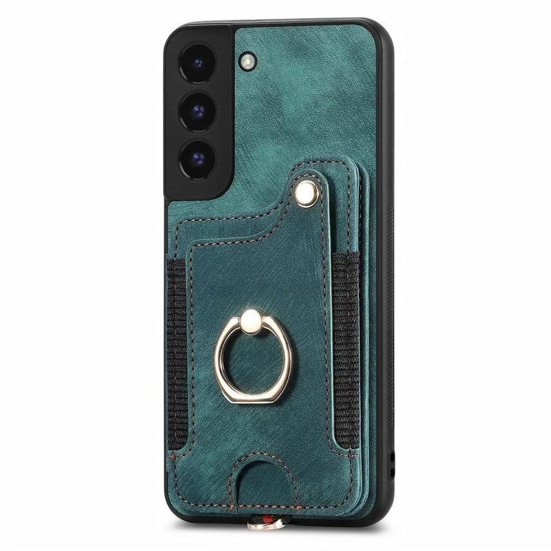 D4 For Samsung Galaxy S22 5G Case Kickstand RFID Blocking Phone Cover with Wrist Strap - Green