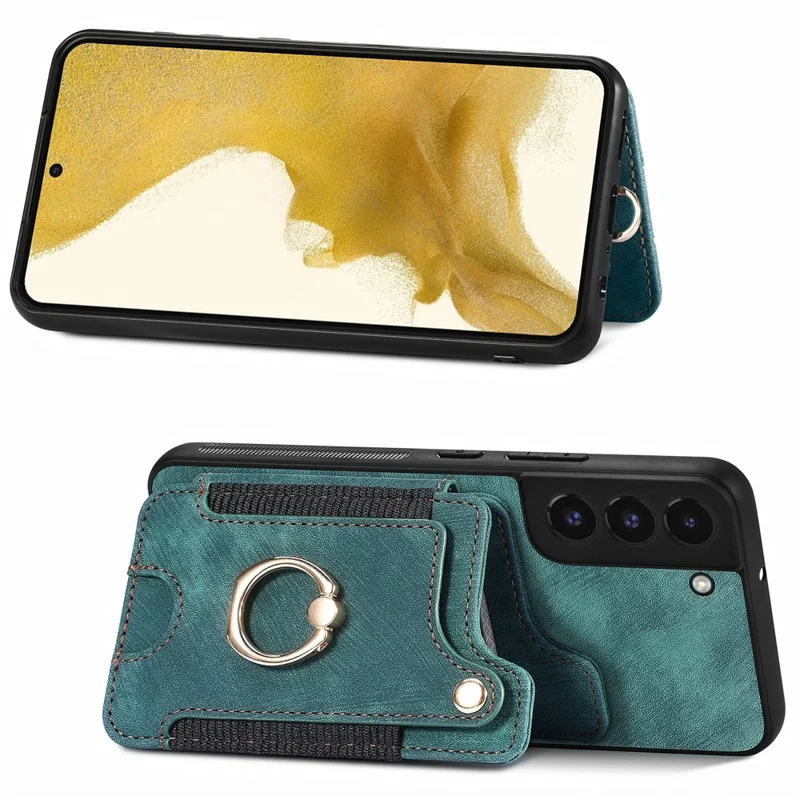 D4 For Samsung Galaxy S22 5G Case Kickstand RFID Blocking Phone Cover with Wrist Strap - Green