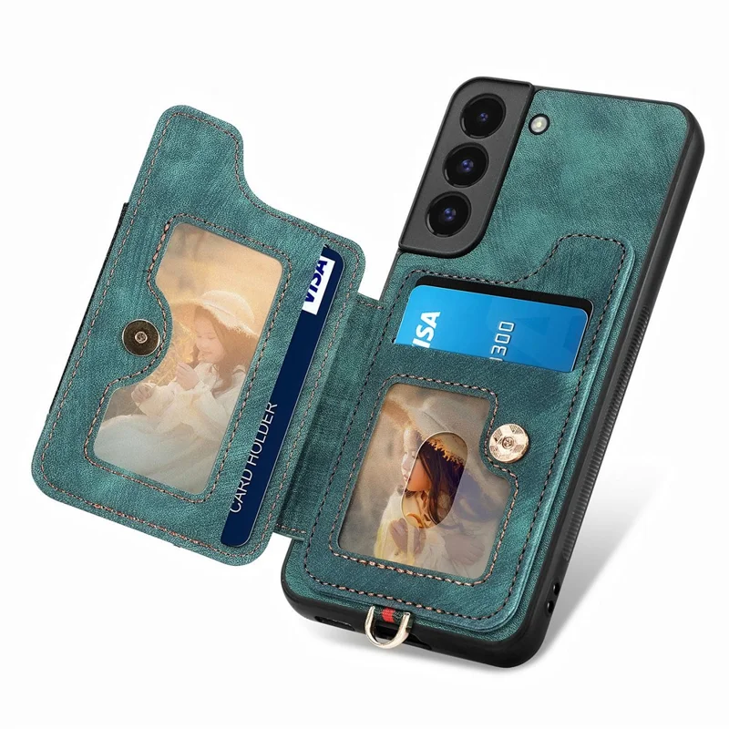 D4 For Samsung Galaxy S22 5G Case Kickstand RFID Blocking Phone Cover with Wrist Strap - Green