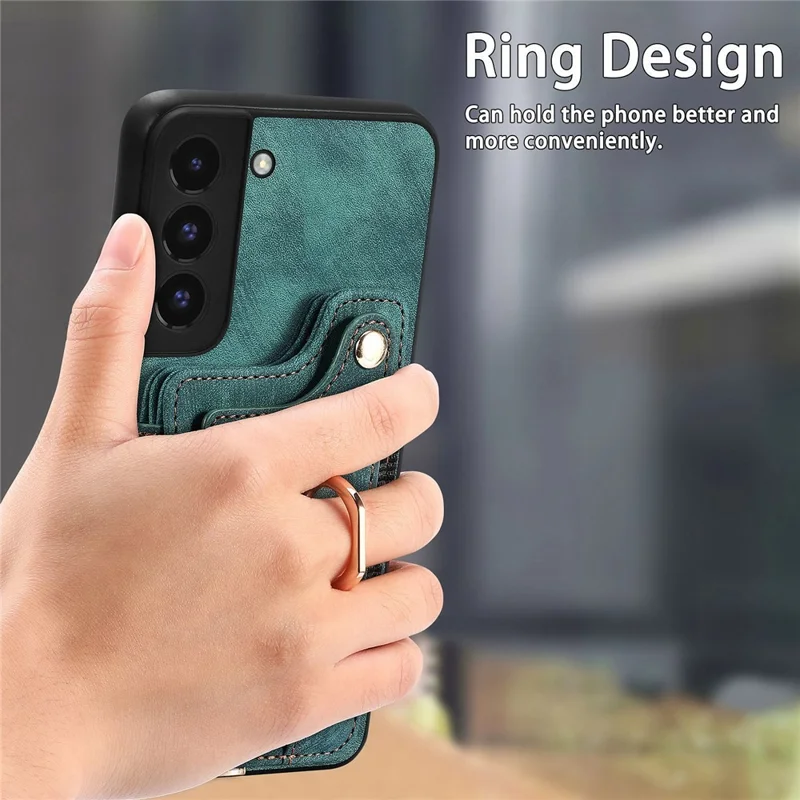 D4 For Samsung Galaxy S22 5G Case Kickstand RFID Blocking Phone Cover with Wrist Strap - Green