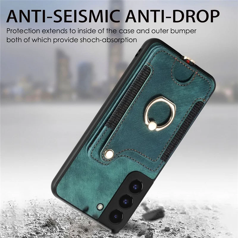 D4 For Samsung Galaxy S22 5G Case Kickstand RFID Blocking Phone Cover with Wrist Strap - Green