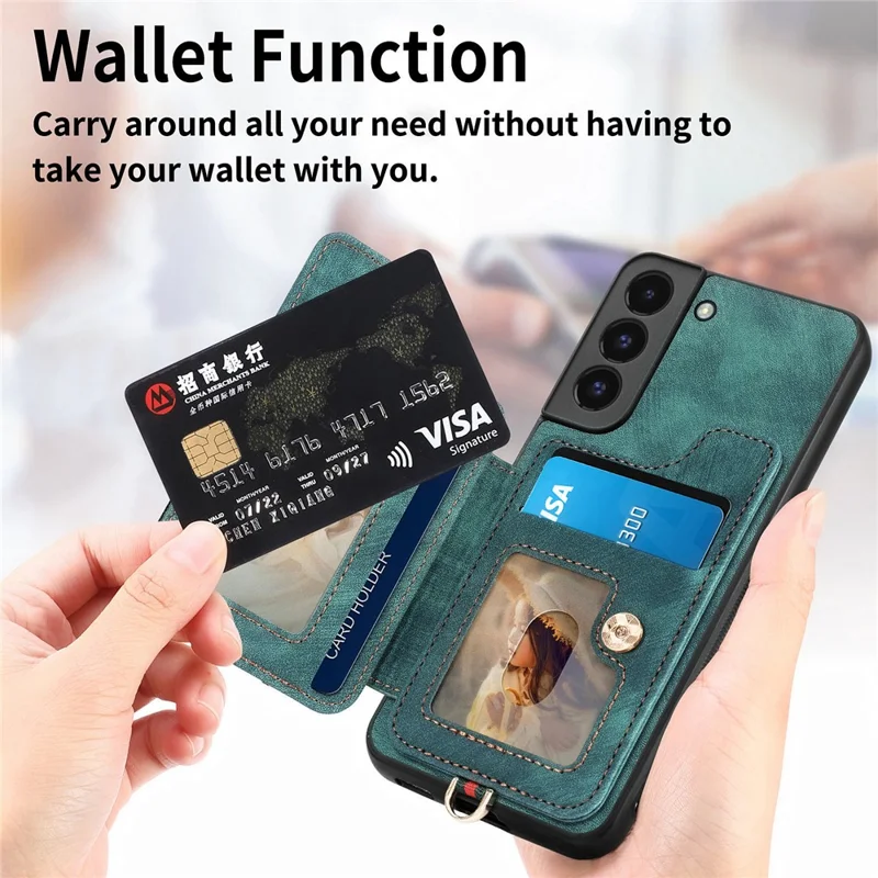 D4 For Samsung Galaxy S22 5G Case Kickstand RFID Blocking Phone Cover with Wrist Strap - Green