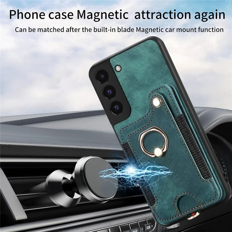 D4 For Samsung Galaxy S22 5G Case Kickstand RFID Blocking Phone Cover with Wrist Strap - Green