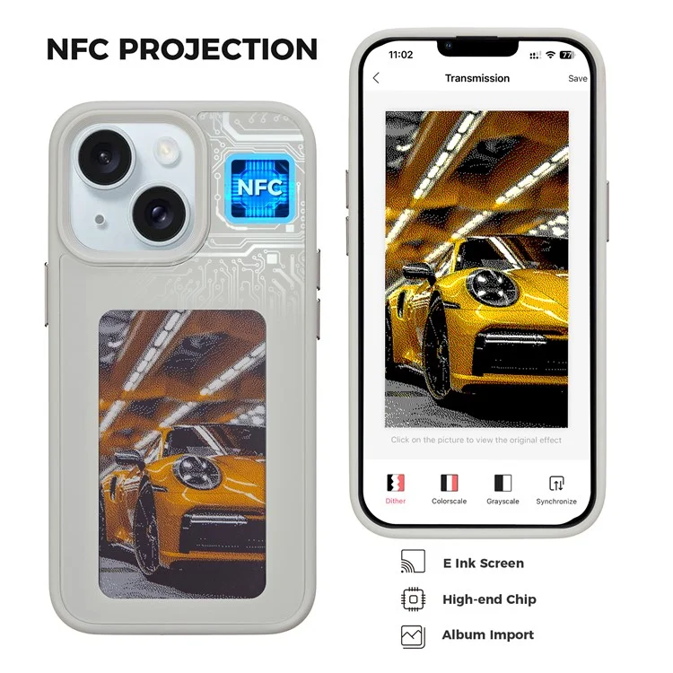 Encre Pour Iphone 13 / 14 Boîtier pc + Tpu 4 Couleurs E Ink Case DIY Smart Affichage Couverture Téléphonique Personnalisée - Gris