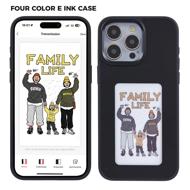 INKZONE For iPhone 15 Pro Case PC+TPU 4-Color E Ink Case DIY Smart Display Customized Phone Cover - Black