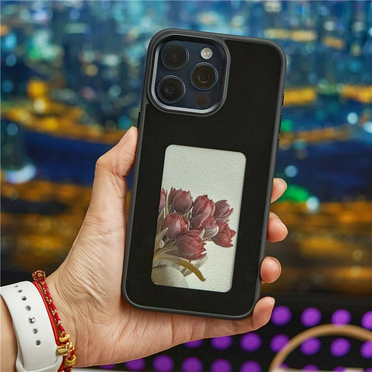 INKZONE For iPhone 15 Pro Case PC+TPU 4-Color E Ink Case DIY Smart Display Customized Phone Cover - Black