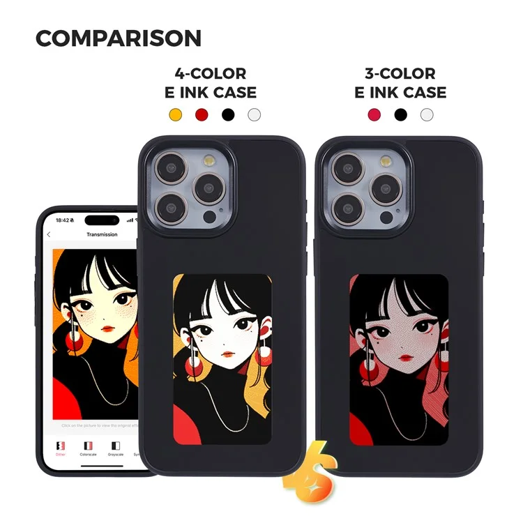 INKZONE For iPhone 15 Pro Case PC+TPU 4-Color E Ink Case DIY Smart Display Customized Phone Cover - Black