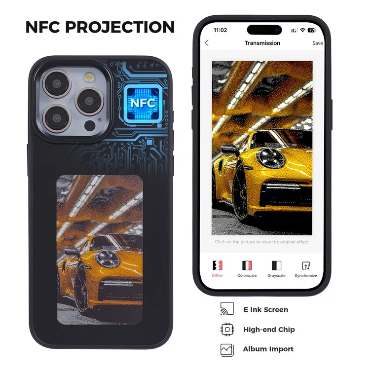 INKZONE For iPhone 15 Pro Case PC+TPU 4-Color E Ink Case DIY Smart Display Customized Phone Cover - Black