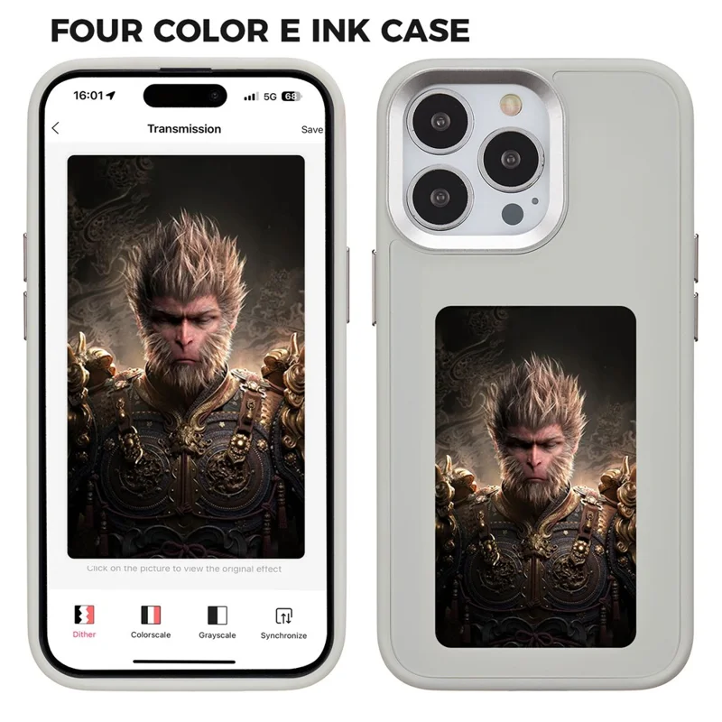 Inkzone Para Iphone 15 Pro Phone Case PC+TPU 4 Color E Ink Case DIY Smart Display Cubierta de Teléfono Personalizada - Gris