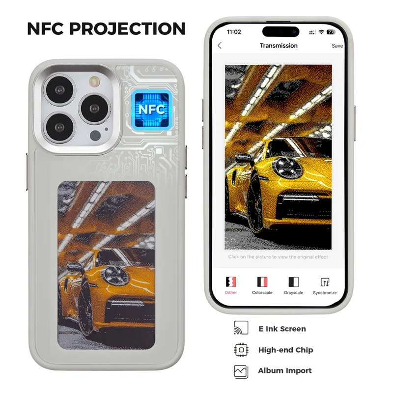 Inkzone Para Iphone 15 Pro Phone Case PC+TPU 4 Color E Ink Case DIY Smart Display Cubierta de Teléfono Personalizada - Gris