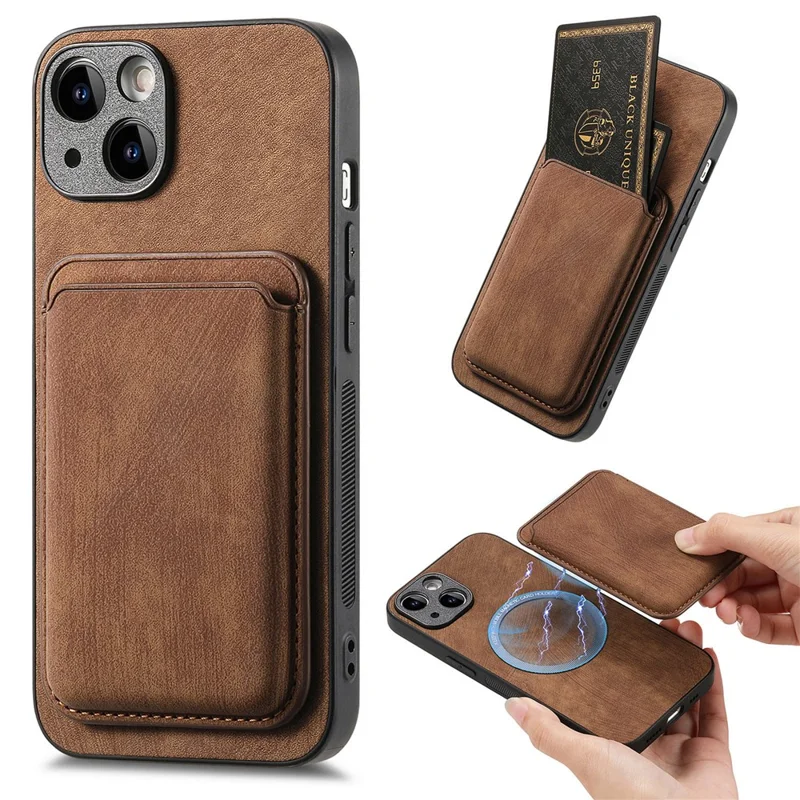 For iPhone 13 Case Compatible with MagSafe Leather Back Cover with Detachable Card Holder - Brown