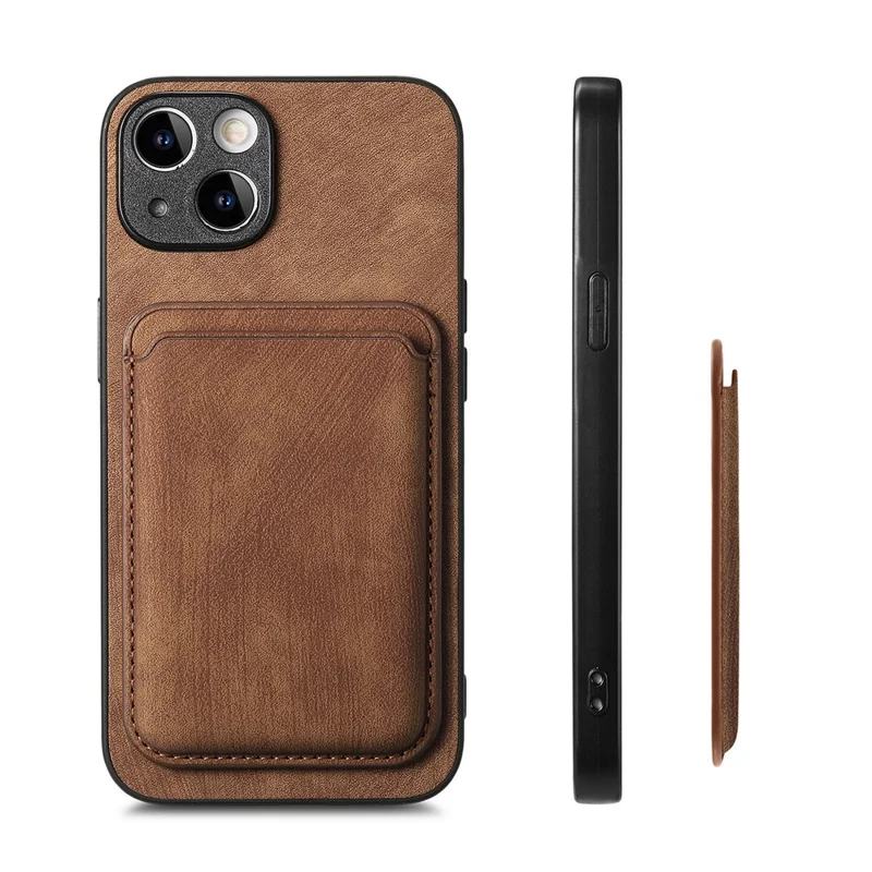 For iPhone 13 Case Compatible with MagSafe Leather Back Cover with Detachable Card Holder - Brown
