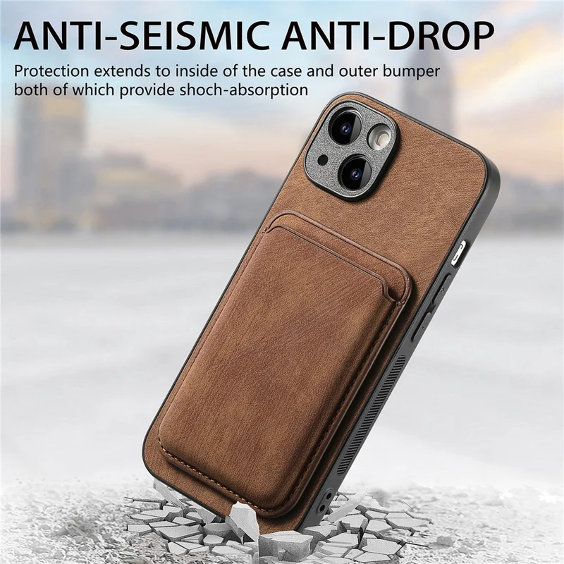 For iPhone 15 Case Compatible with MagSafe Leather Back Cover with Detachable Card Holder - Brown