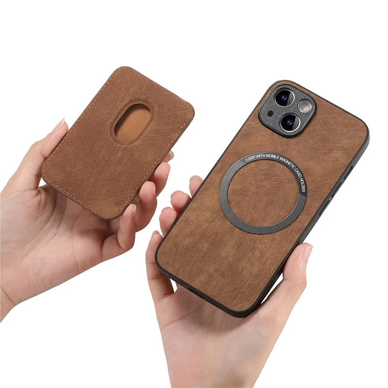 For iPhone 15 Case Compatible with MagSafe Leather Back Cover with Detachable Card Holder - Brown