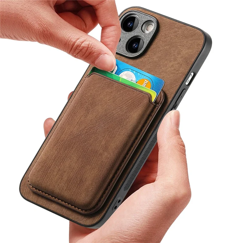 For iPhone 15 Case Compatible with MagSafe Leather Back Cover with Detachable Card Holder - Brown