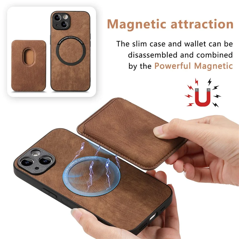 For iPhone 15 Case Compatible with MagSafe Leather Back Cover with Detachable Card Holder - Brown