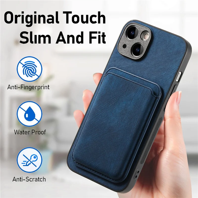 D12 Capa de Couro + TPU Vintage para iPhone 15 com Suporte Magnético para Cartão - Azul