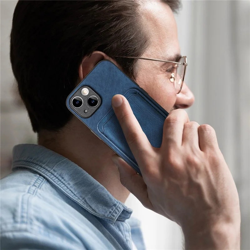 D12 Capa de Couro + TPU Vintage para iPhone 15 com Suporte Magnético para Cartão - Azul