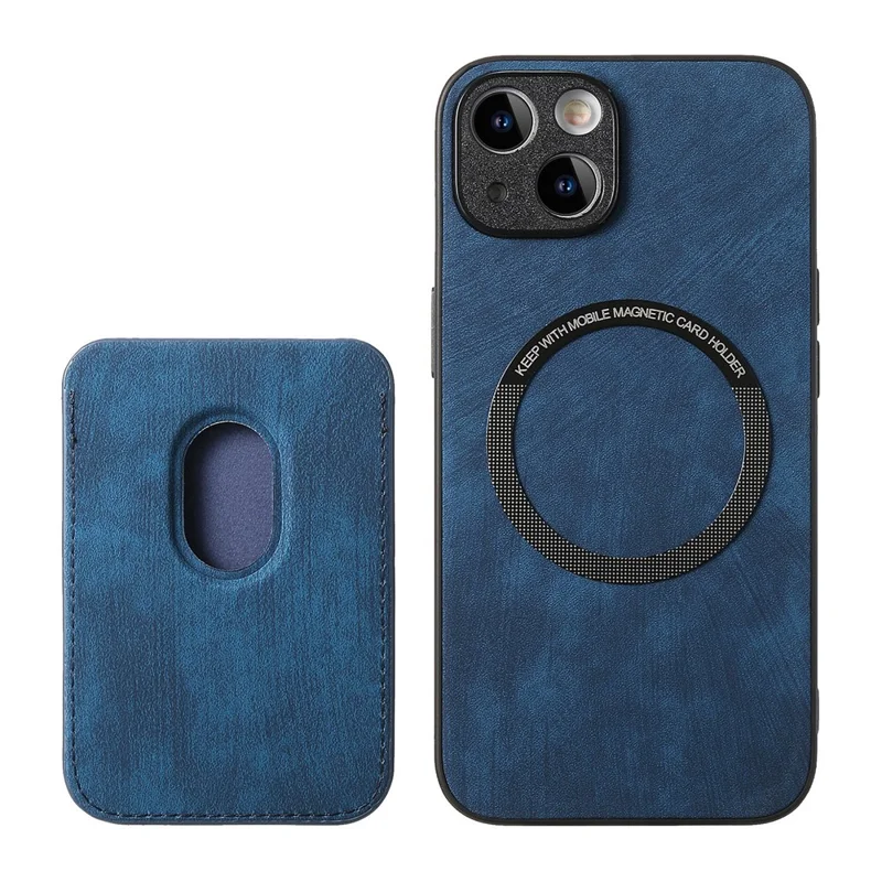 D12 Capa de Couro + TPU Vintage para iPhone 15 com Suporte Magnético para Cartão - Azul