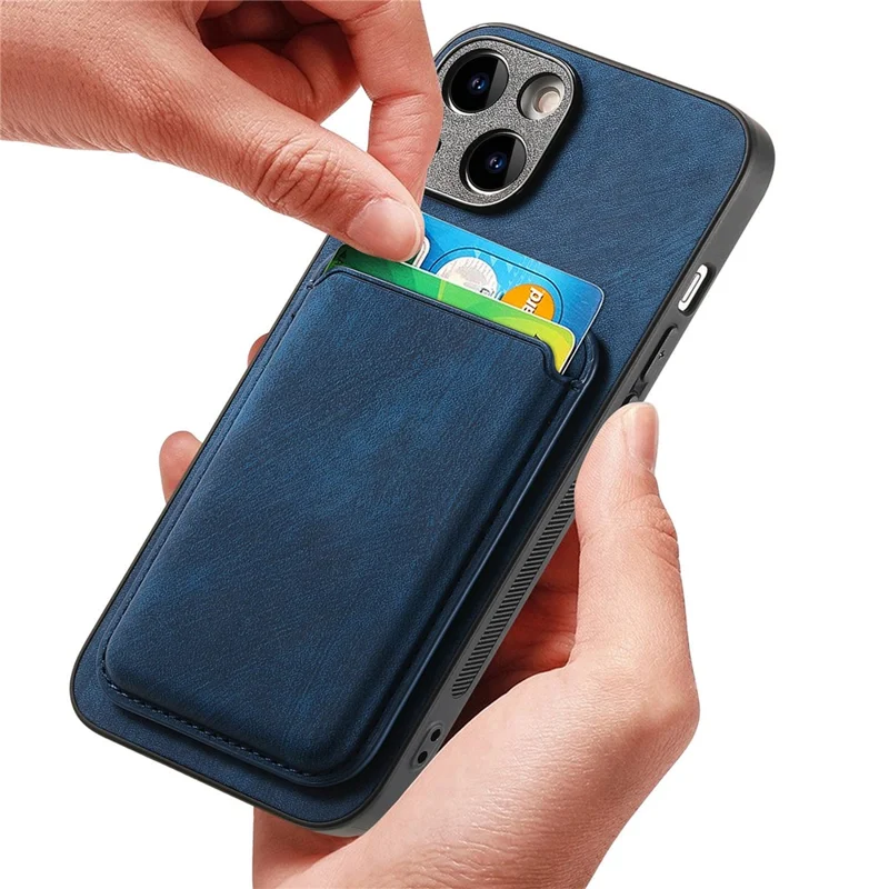 D12 Capa de Couro + TPU Vintage para iPhone 15 com Suporte Magnético para Cartão - Azul