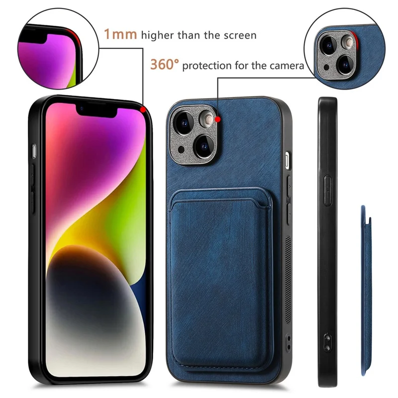 D12 Capa de Couro + TPU Vintage para iPhone 15 com Suporte Magnético para Cartão - Azul