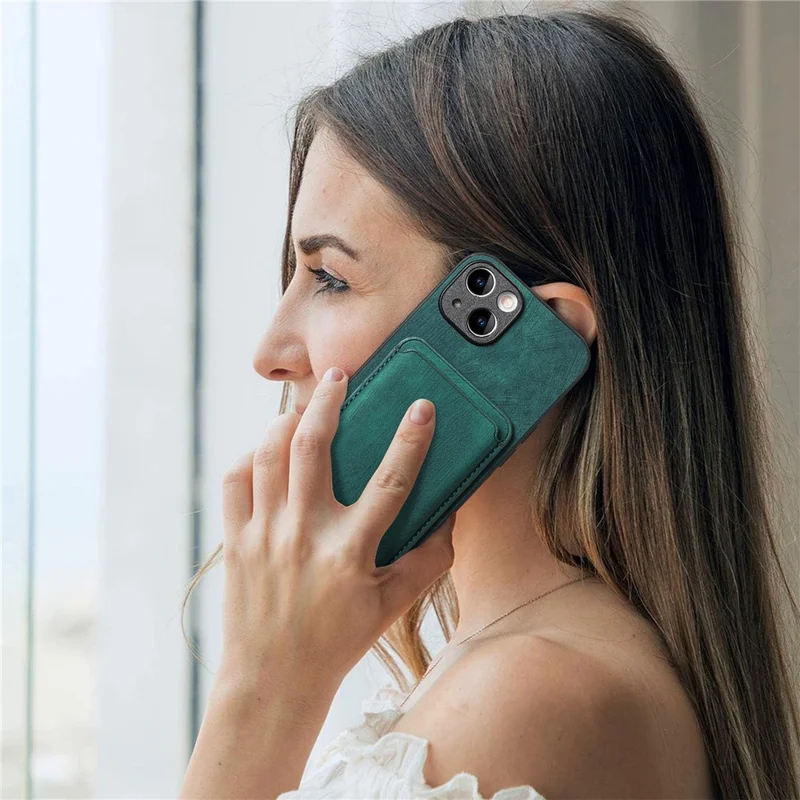 D12 For iPhone 15 Ledertasche + TPU Vintage Handyhülle mit Magnetkartenhalter - Grün