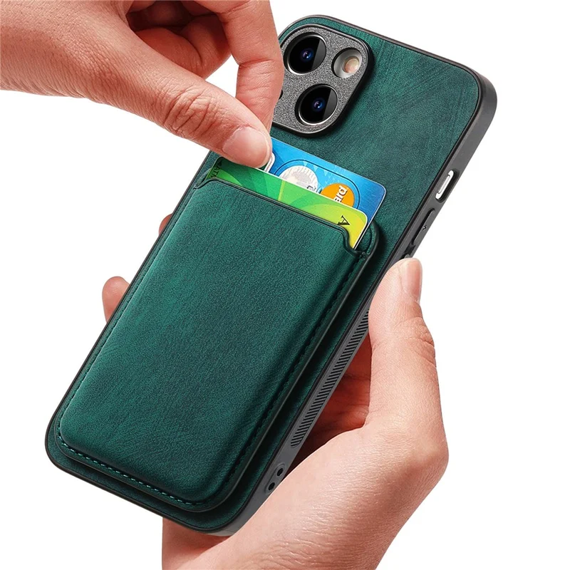 D12 For iPhone 15 Ledertasche + TPU Vintage Handyhülle mit Magnetkartenhalter - Grün