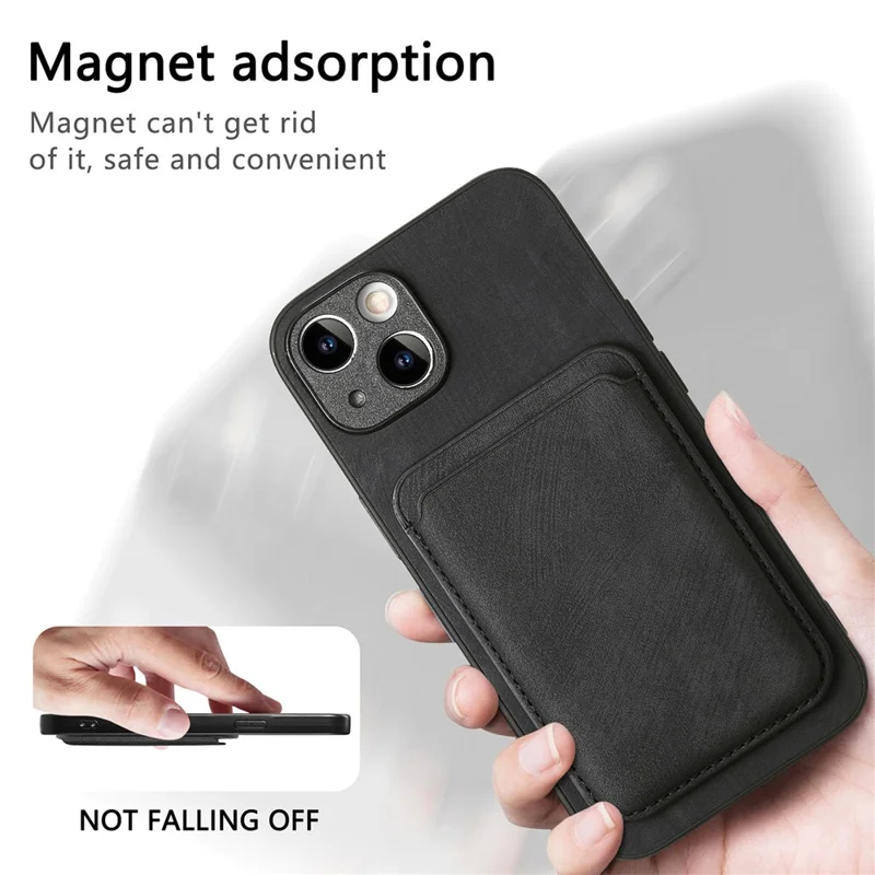 For iPhone 15 Case Compatible with MagSafe Leather Back Cover with Detachable Card Holder - Black
