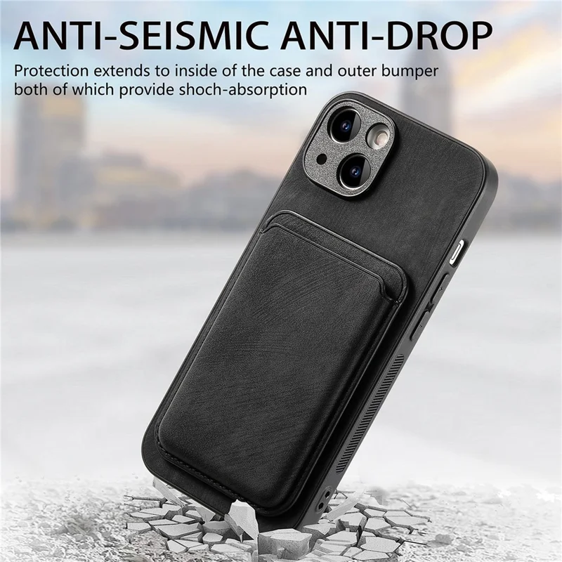 For iPhone 15 Case Compatible with MagSafe Leather Back Cover with Detachable Card Holder - Black
