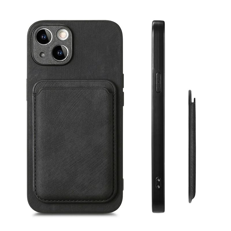 For iPhone 15 Case Compatible with MagSafe Leather Back Cover with Detachable Card Holder - Black
