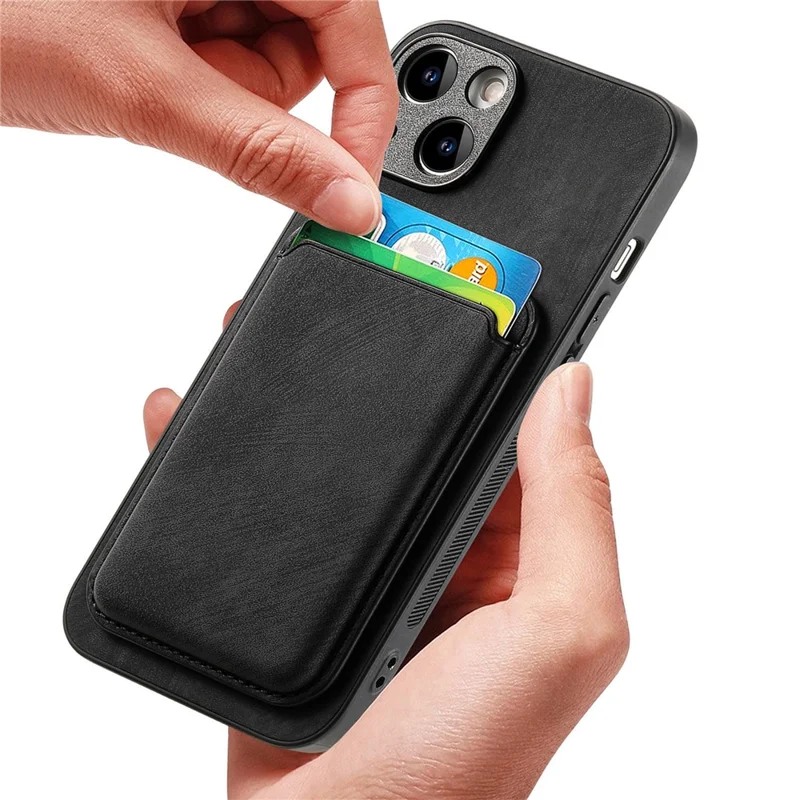 For iPhone 15 Case Compatible with MagSafe Leather Back Cover with Detachable Card Holder - Black