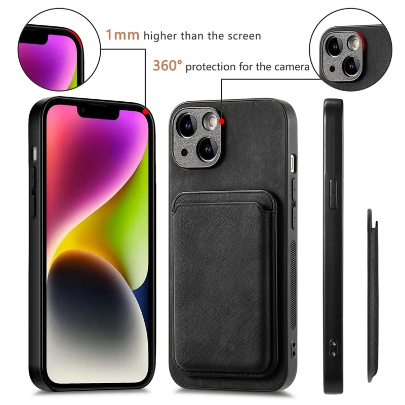 For iPhone 15 Case Compatible with MagSafe Leather Back Cover with Detachable Card Holder - Black