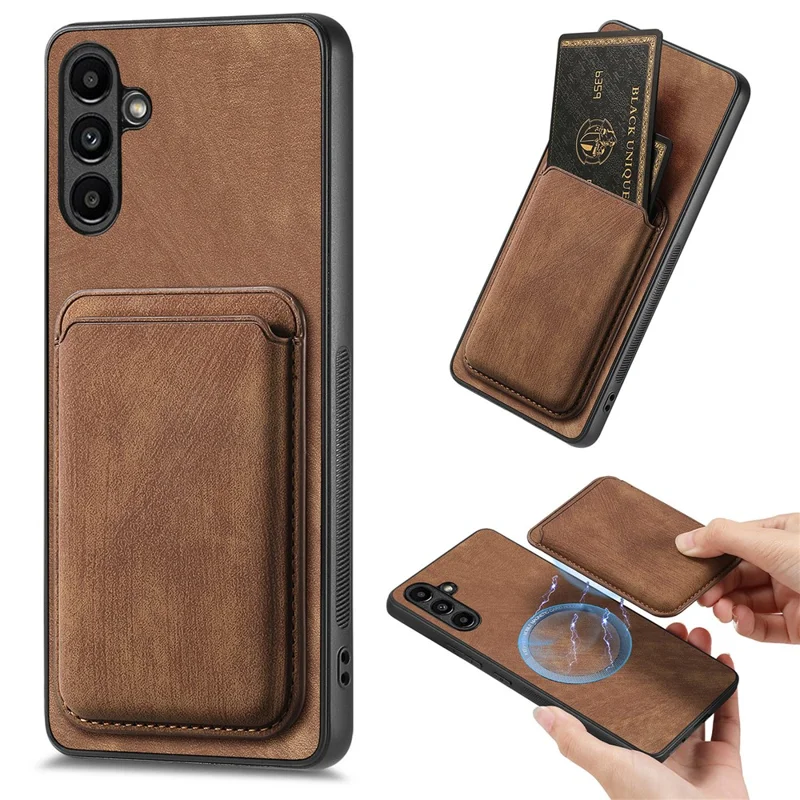 For Samsung Galaxy A55 5G Magnetic Case Leather Back Cover with Detachable Card Holder - Brown