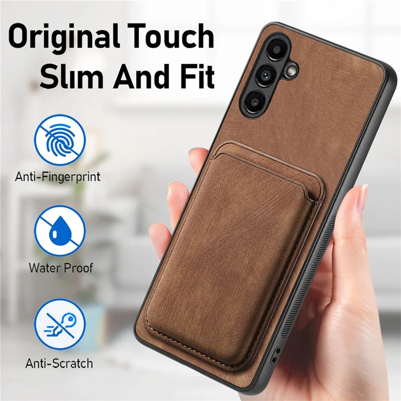 For Samsung Galaxy A55 5G Magnetic Case Leather Back Cover with Detachable Card Holder - Brown