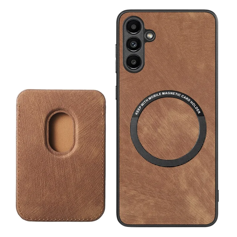 For Samsung Galaxy A55 5G Magnetic Case Leather Back Cover with Detachable Card Holder - Brown