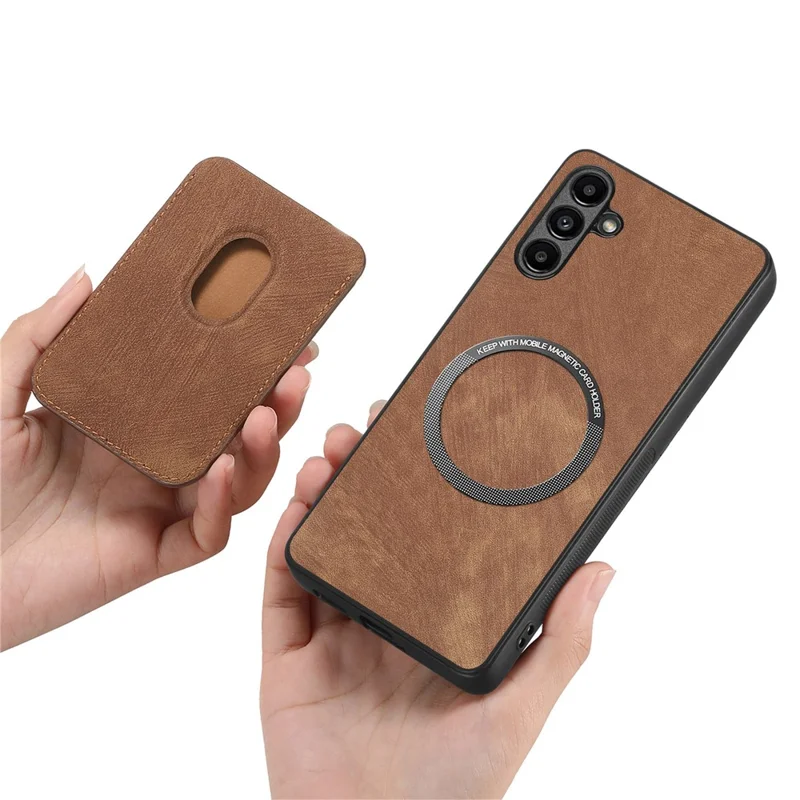 For Samsung Galaxy A55 5G Magnetic Case Leather Back Cover with Detachable Card Holder - Brown