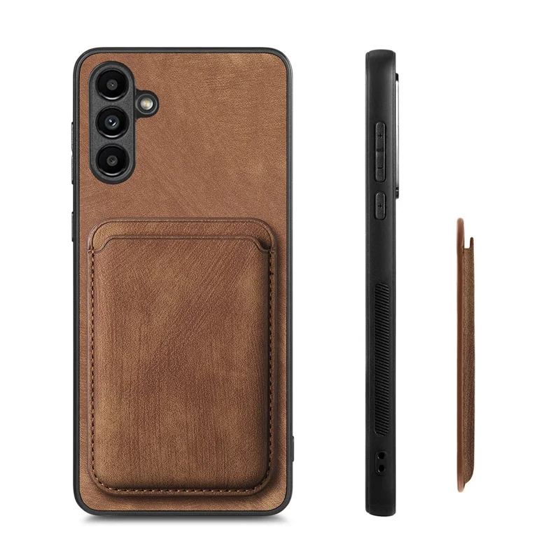 For Samsung Galaxy A55 5G Magnetic Case Leather Back Cover with Detachable Card Holder - Brown