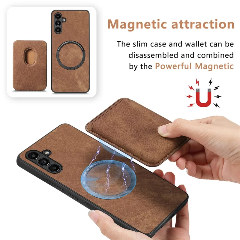 For Samsung Galaxy A55 5G Magnetic Case Leather Back Cover with Detachable Card Holder - Brown