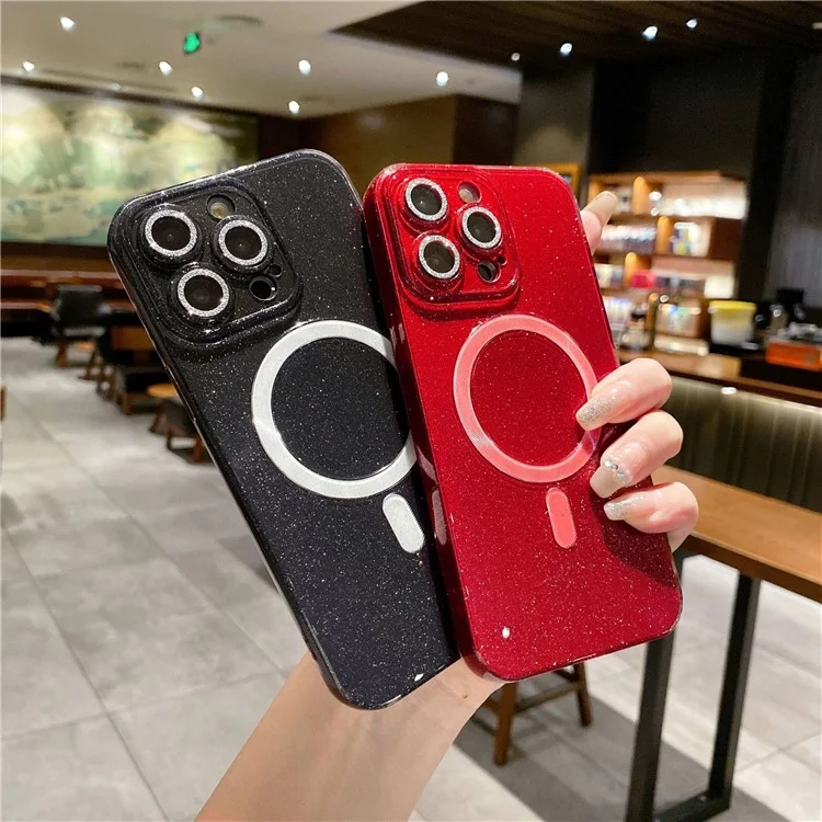For iPhone 14 Pro TPU Phone Cover Cell Phone Case Compatible with MagSafe Shiny Glitter - Fluorescent Green