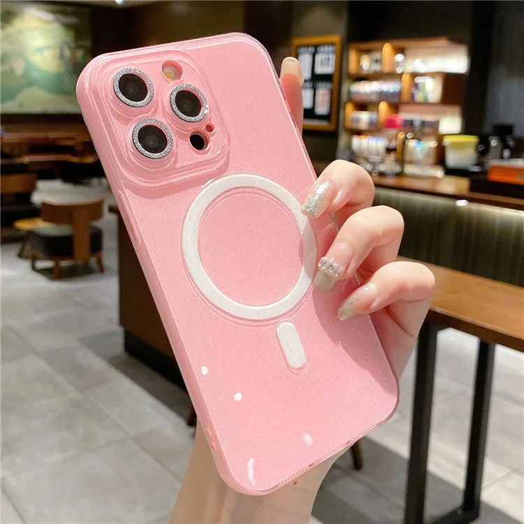 For iPhone 14 Pro TPU Phone Cover Cell Phone Case Compatible with MagSafe Shiny Glitter - Pink